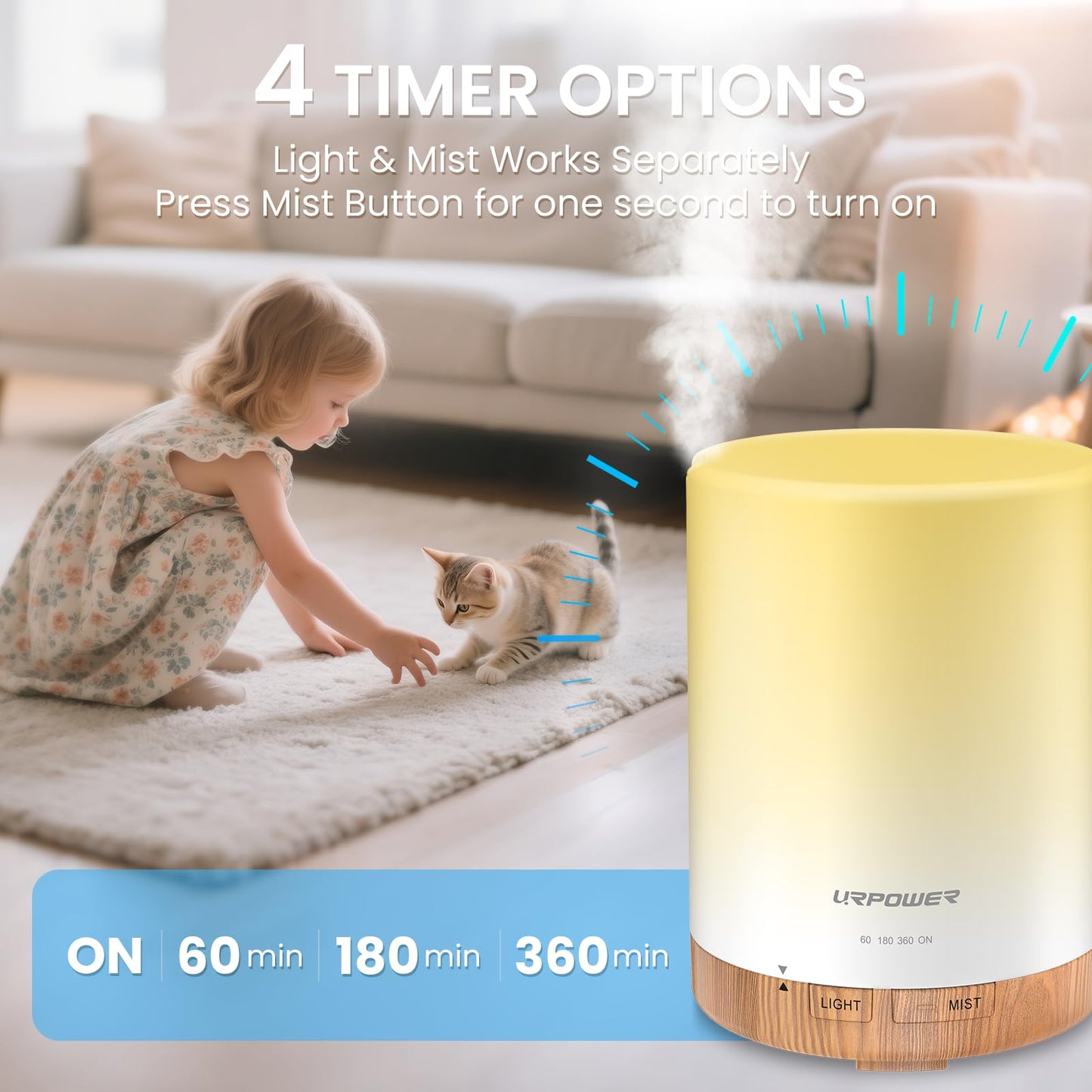 URPOWER 300ml Aromatherapy Essential Oil Diffuser Ultrasonic Air Humidifier AUTO Shut Off Scent Diffuser Night Light 7 Color Changing LED Lights and 4 Timer Settings for Bedroom Office Home