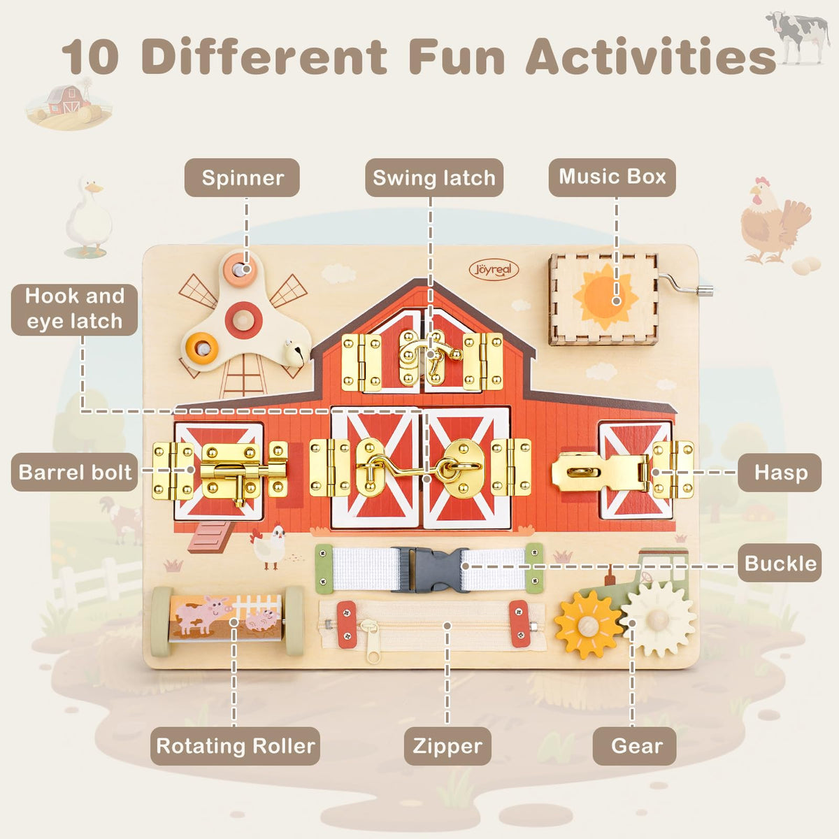 Joyreal Wooden Montessori Busy Board for 1 2 3 Year Old Toddlers, Farm Themed Sensory Toys for Kids, Fine Motor Skills Activity Board with Music Box & Latches, Learning Toys Gift for Autistic Children