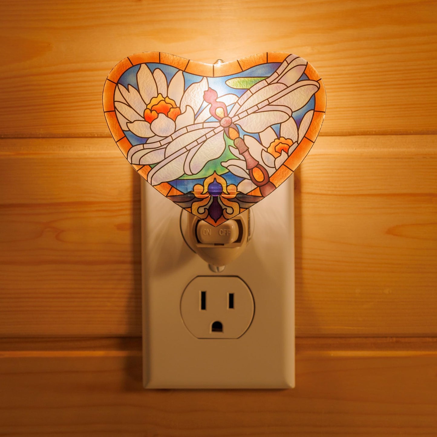 Dragonfly with White Lotus Night Light – Stained Glass Styled Plug-in Wall Light for Vertical Outlets – Real Glass, Warm Glow for Bedroom, Bathroom, Hallway –Gift for Nature Lover