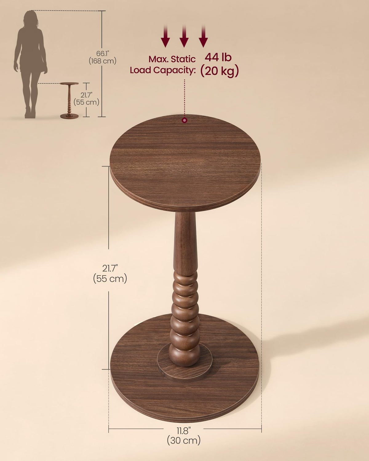 VASAGLE MARIEL Collection - Round Side Table, Small Drink End Table for Small Spaces, Accent Nightstand, Solid Wood Leg, Mid-Century Modern, for Living Room Bedroom, Chestnut Walnut ULET293KX01S