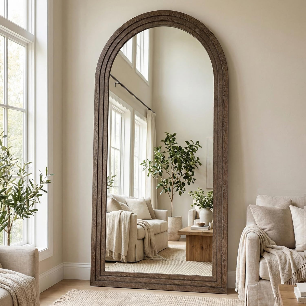 CASSILANDO 71x32 Inch Arched Full Length Mirror with Solid Wood Frame Wall Mounted Floor Mirror, Vertical Hanging Leaning Standing Mirror for Living Room, Bedroom, Entryway, Brown