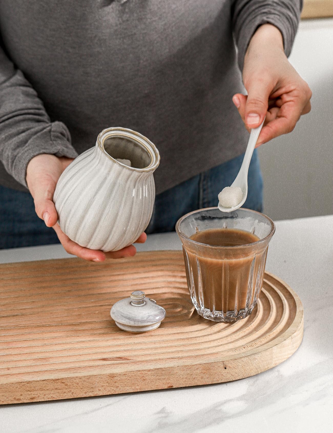 Seyatoo Sugar Bowl with Lid and Spoon, Ceramic Sugar Container for Coffee Bar, Sugar Jar Holder Sugar Dispenser Bowl for Sea Salt, Spice and Sugar, Glazed White