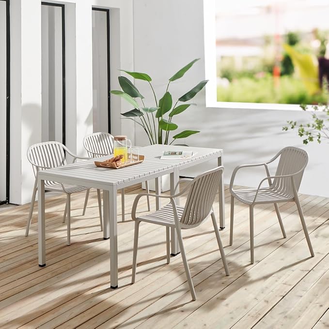 Modern Stackable Outdoor & Indoor Plastic Dining Chairs Set, Outdoor Breathable Armchairs Set, Weather-Resistant, Ideal for Patios, Cafes, and Home Use, No Assembly, Set of 4 (Grey)