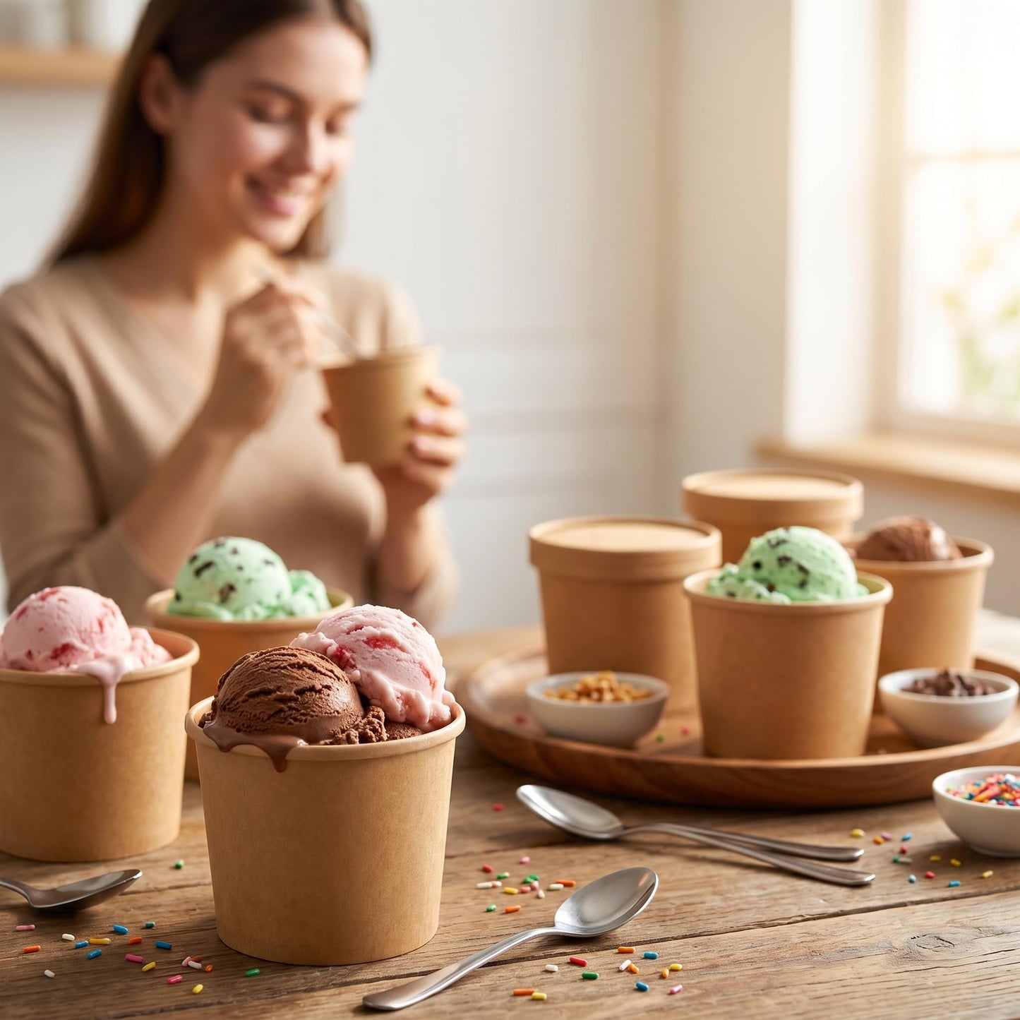 PakTalk 50 Pack Soup Containers with Lids, Disposable and Biodegradable Ice Cream Cups Kraft 12oz Paper Soup Bowls with Lids for Hot Drinking, Food, and Ice Cream (50 sets, 12 oz)