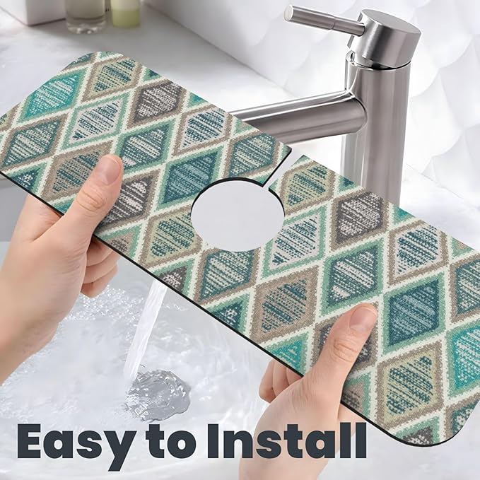 Teal And Brown Boho Style Kitchen Sink Splash Guard Faucet Mat Super Absorbent