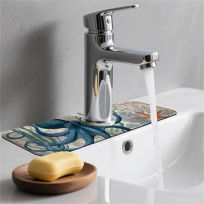 Kitchen Sink Splash Guard，Blue-octopus Faucet Mat Sink Gadgets-Super Absorbent