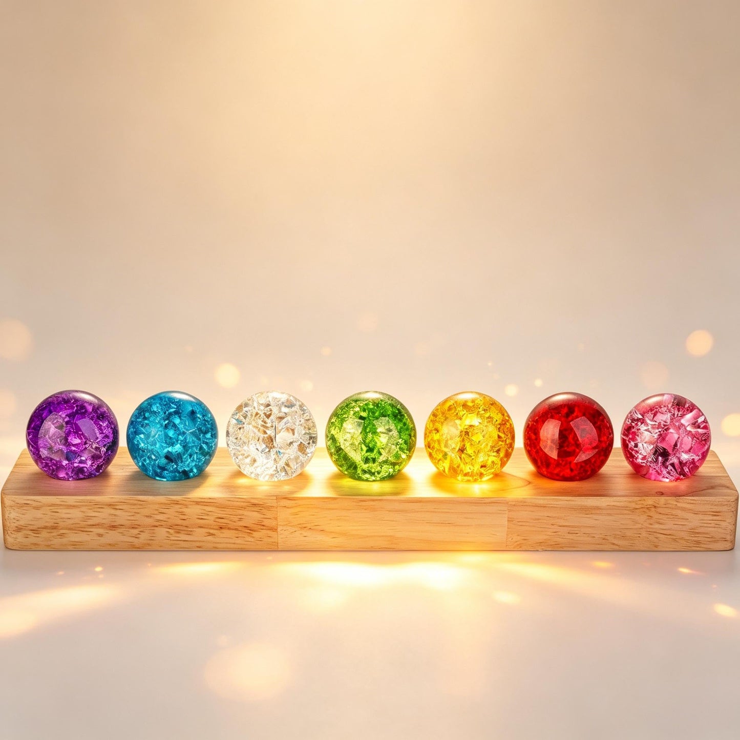 40mm 7 Colors Ice Cracked Glass Crystal Chakra Balls with LED Wooden Base