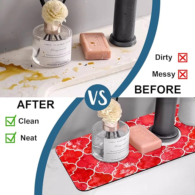 Watercolor Moroccan Marbled Kitchen Sink Splash Guard Faucet Mat Red Tiles