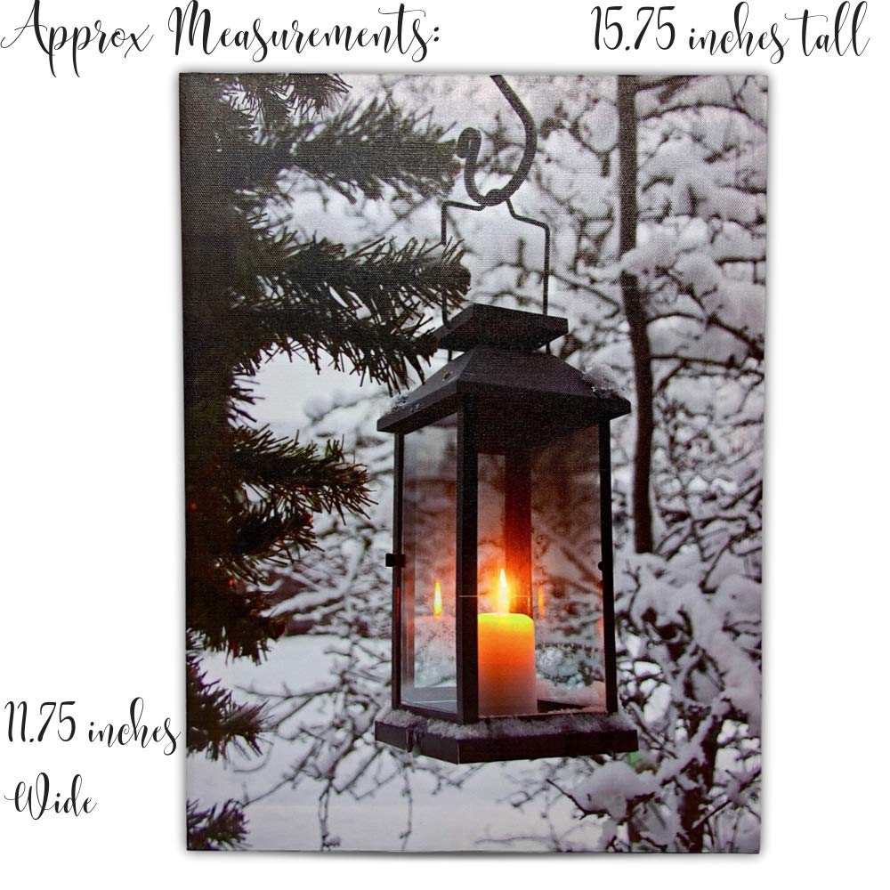 BANBERRY DESIGNS LED Wall Art - Winter Lantern Lighted Canvas - Light Up Snowy Scene With a Glowing Black Lantern - Light Up Canvas Print - Christmas Wall Art - Measures 11.75" x 15.75"