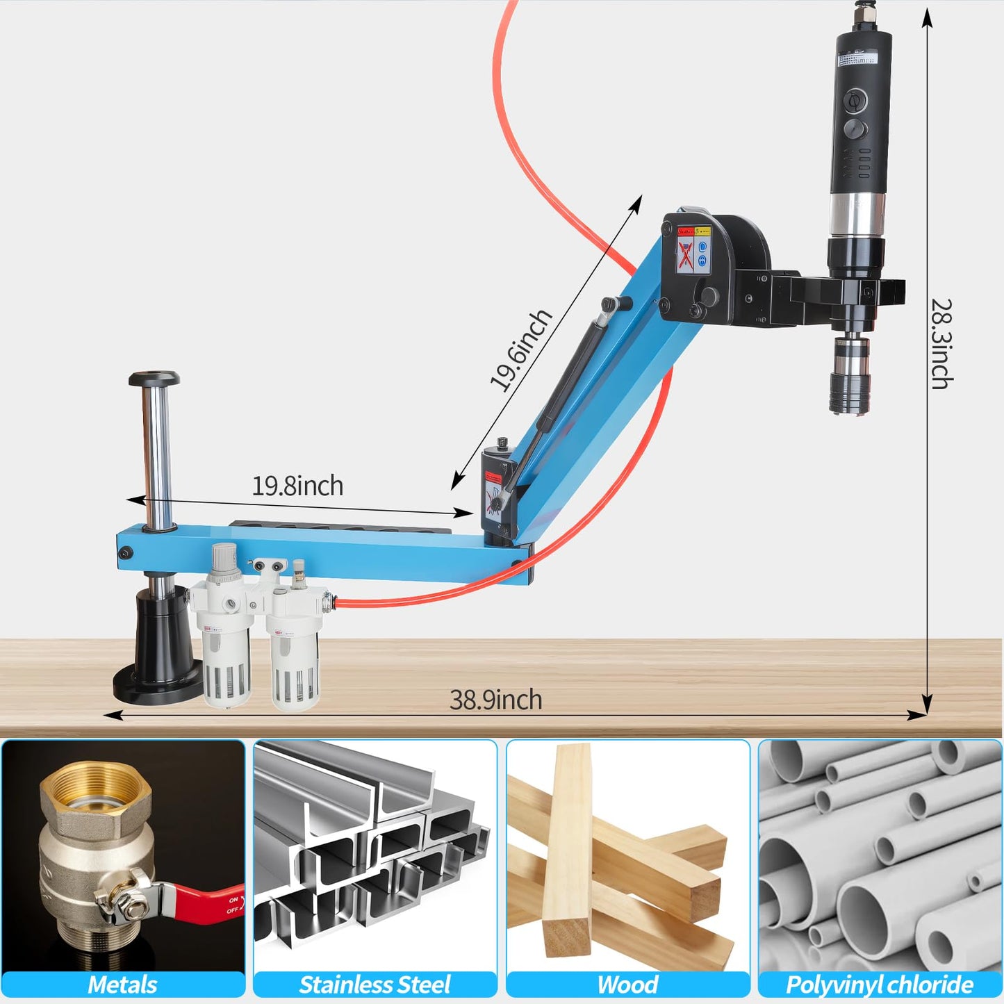 Helivivfy Pneumatic tapping machine, 360° Multi directional universal soft arm drilling and threading machine M3-M12 with tap holder