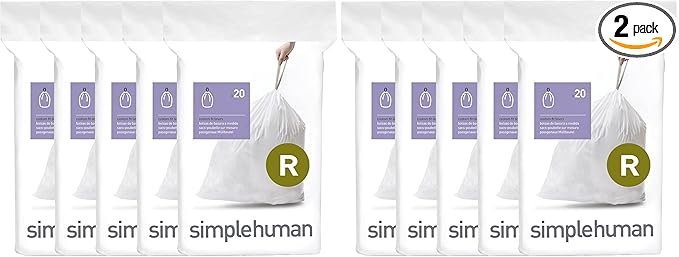 simplehuman Code R, Dispenser Pack Custom Fit Liners, Drawstring Trash Bags