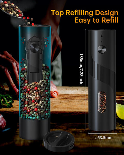 CIRCLE JOY Rechargeable Electric Salt and Pepper Grinder Set Automatic Pepper Mill Grinders with Charging Base, Adjustable Coarseness, 110ml Capacity and White LED Light, Black