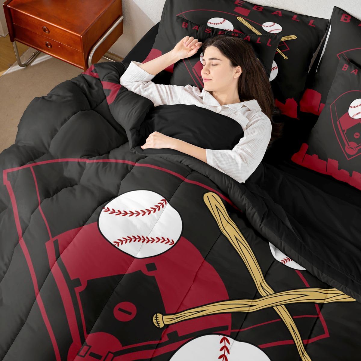 Erosebridal Baseball 7 Piece Bed in A Bag Full Size Softball Sports Boys Comforter Set Cover Baseball Bat Bedding Set for Kids Teens Adult Men City Building Black Red Sheet Sets