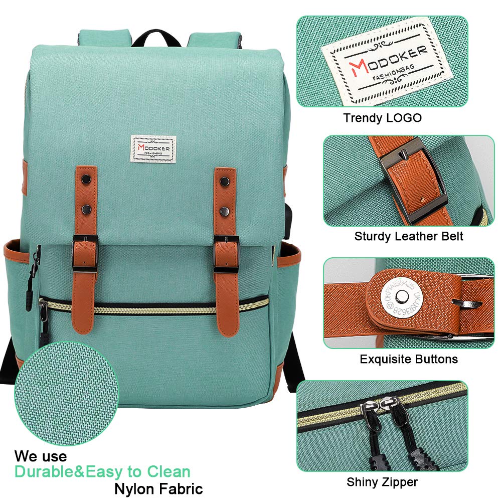 MODOKER Vintage Women Laptop Backpack with USB Charging Port, School College Backpack for Women Men Fashion Backpack Fits 15.6Inch Notebook, Slim Casual Travel Daypack Bookbag Green
