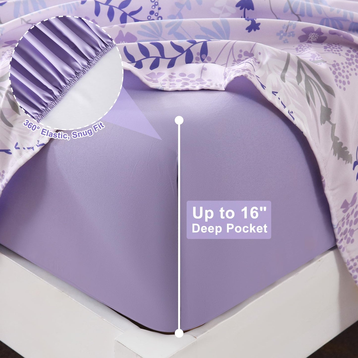Botanical 6-Piece King Size Sheets Set, Boho Floral Print Brushed Microfiber Sheets, Cooling Bed Sheet Set, Ultra Soft & Breathable, 16' Deep Pocket Fitted Sheet & Pillowcase Set, Purple Floral