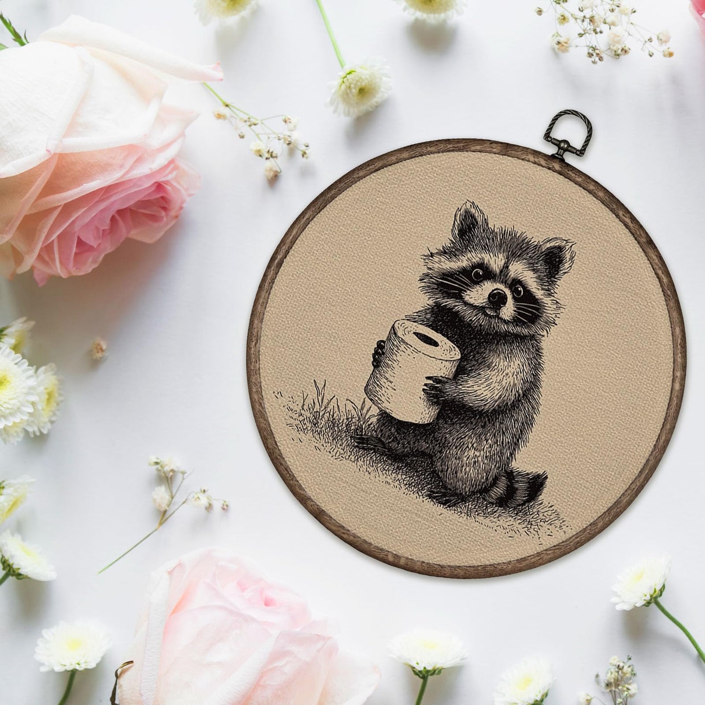 YH547-YGH01 Giosve Funny Raccoon Bathroom Round Wall Art Canvas Framed Poster, Rustic Neutral Sketch Raccoon Holding Toilet Paper Hanging Wall Sculptures for Washroom Bathroom Restroom Decor, 10x10 Inch
