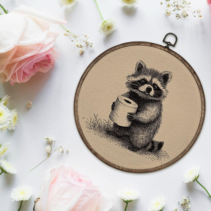 YH547-YGH01 Giosve Funny Raccoon Bathroom Round Wall Art Canvas Framed Poster, Rustic Neutral Sketch Raccoon Holding Toilet Paper Hanging Wall Sculptures for Washroom Bathroom Restroom Decor, 10x10 Inch