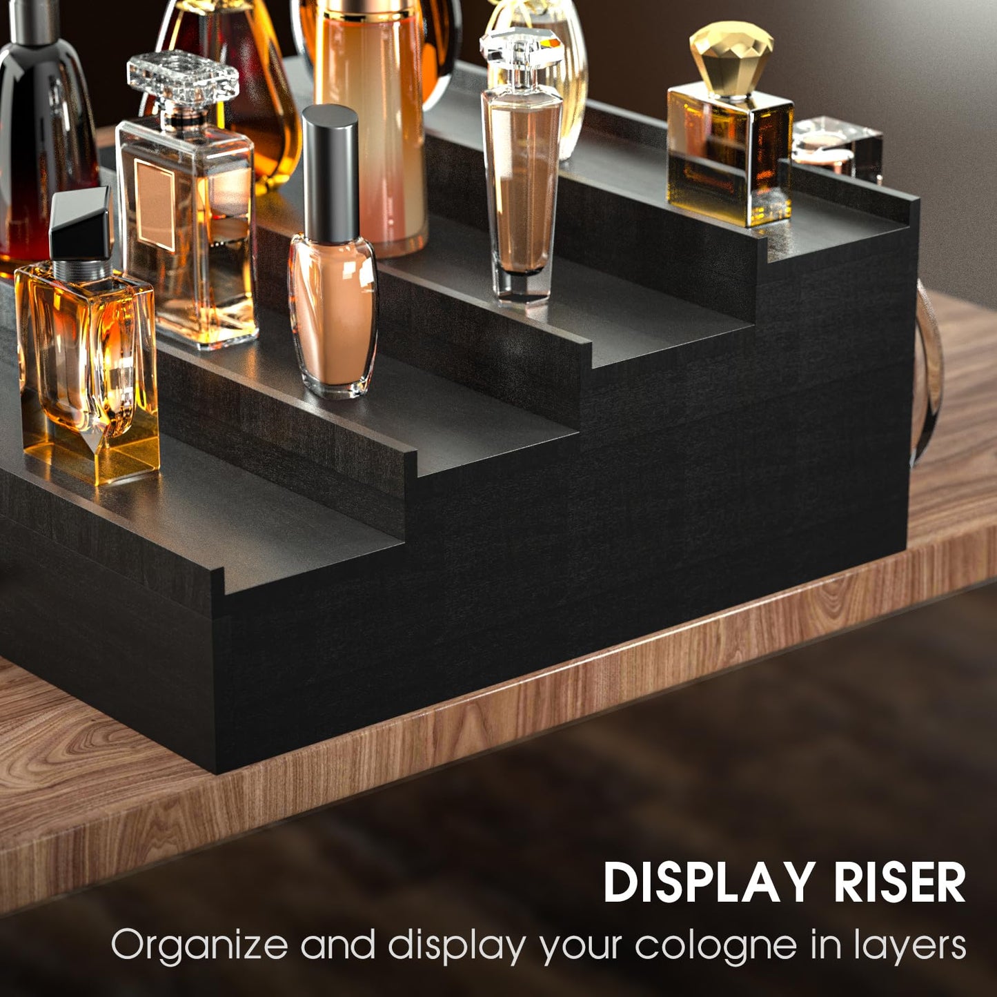 Sephyroth Cologne Organizer for Men 4 Tier of Elevated Cologne Display Shelf with Drawer Storage Perfume Organization and Storage Display Risers,Great Gift for Man(4Tier-Black)
