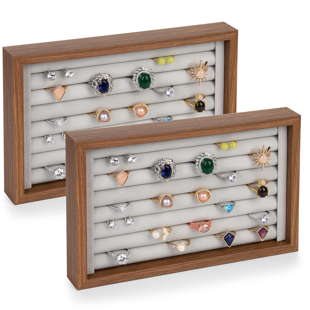 Elsjoy 2 Pack Ring Organizer Tray, Wooden Ring Holder Display Case, Velvet Jewelry Tray for Rings & Earrings