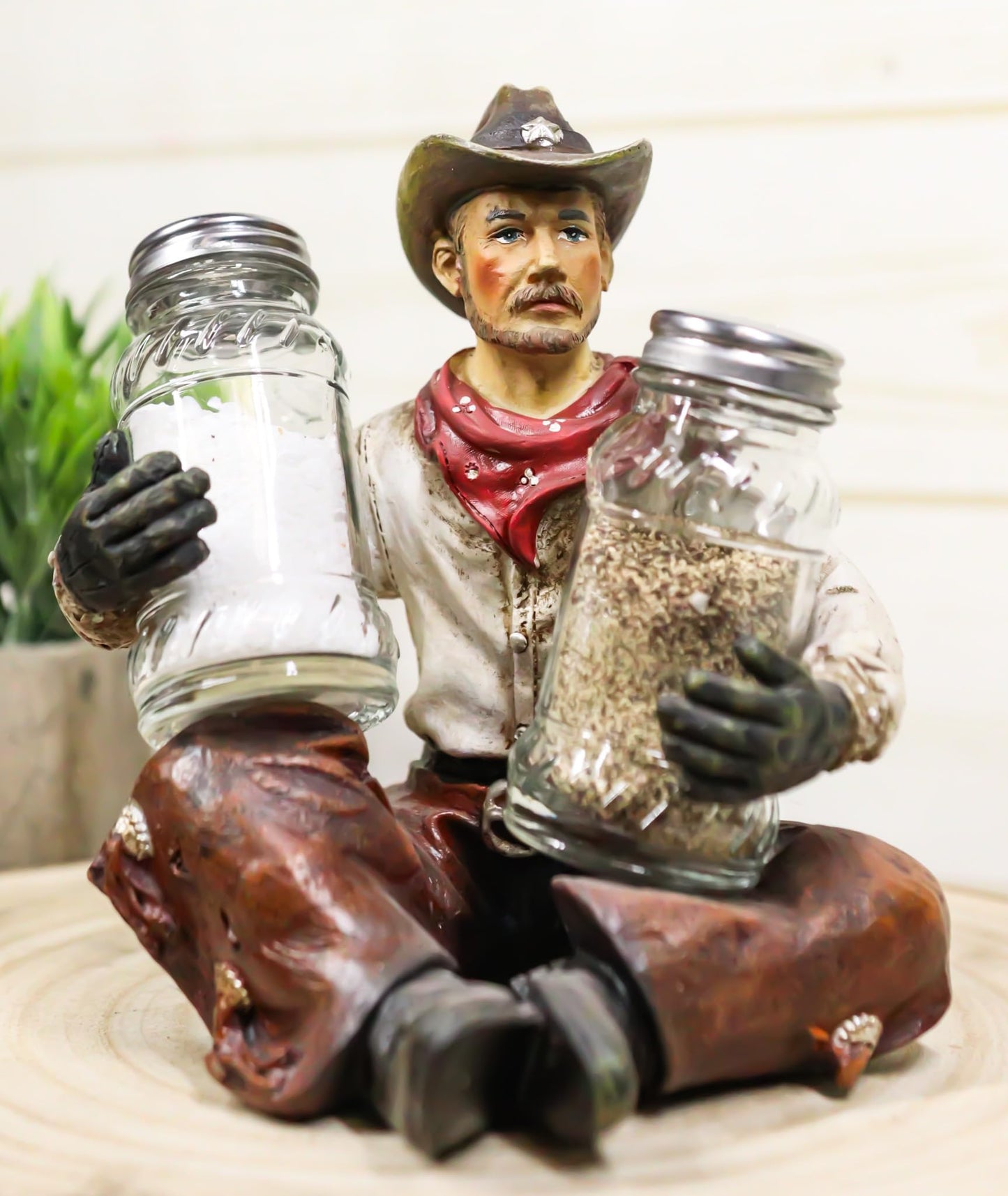 Ebros Gift Country Rustic Western Howdy Wrangler Cowboy With Chaps Sitting Crossed Legs Salt and Pepper Shakers Holder Figurine Set Farmhouse Ranch Wild West Southwestern Old World Decor