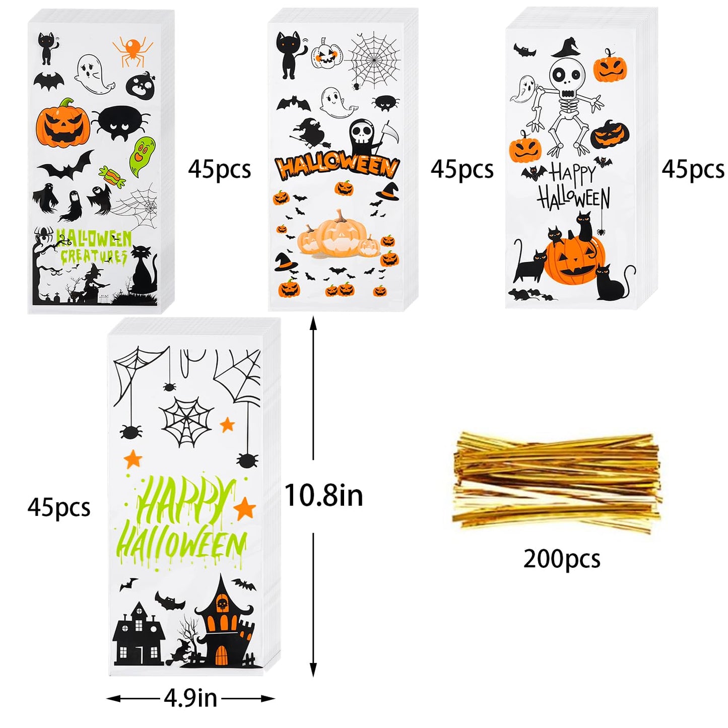 ONFAON Halloween Cellophane Treat Bags, 180pcs Halloween Trick or Treat Goody Gags with 200pcs Twists for Snacks Cookies Packing, Goodie Bags Party Supplies (10.8 * 4.9in)