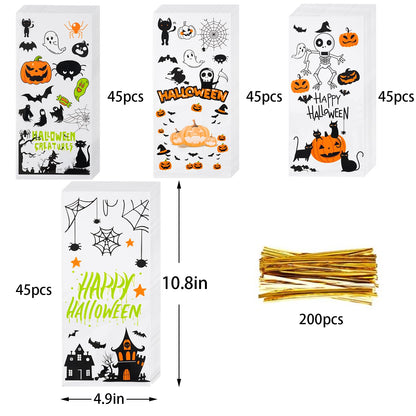 ONFAON Halloween Cellophane Treat Bags, 180pcs Halloween Trick or Treat Goody Gags with 200pcs Twists for Snacks Cookies Packing, Goodie Bags Party Supplies (10.8 * 4.9in)