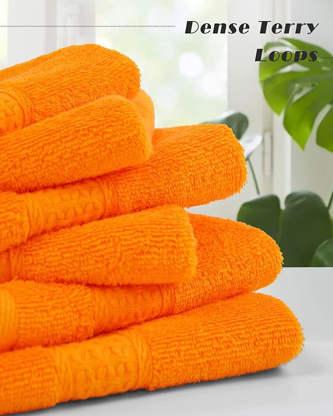 Cleanbear Washcloths Orange Face Cloths Set of 6 Large All Cotton Bathroom Wash