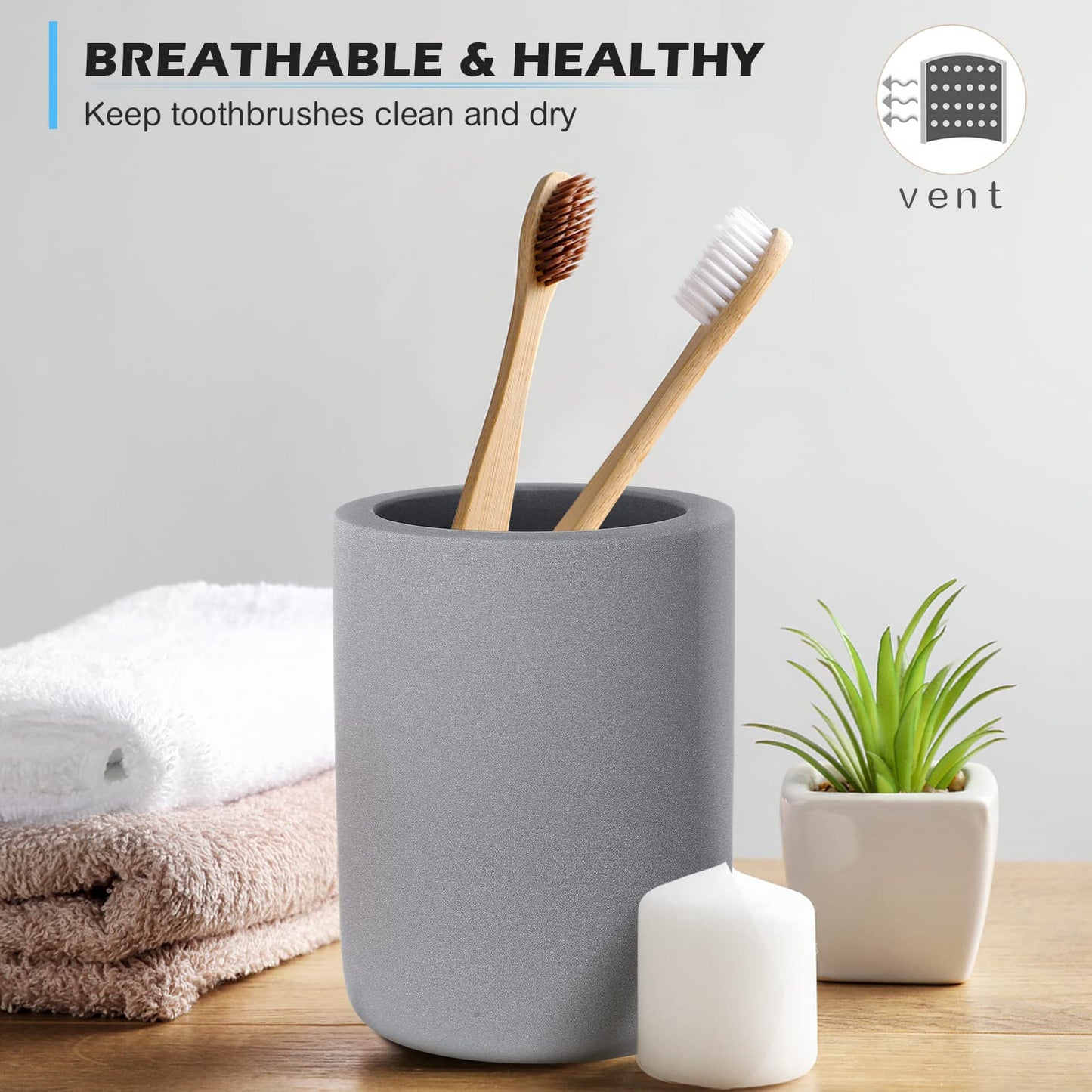Diatomite Toothbrush Holder, BOJDOPIE Water Absorption Quick Drying Bathroom Countertop Organizer, Stand Cup for Toothpaste Makeup Brushes Razors (Grey)