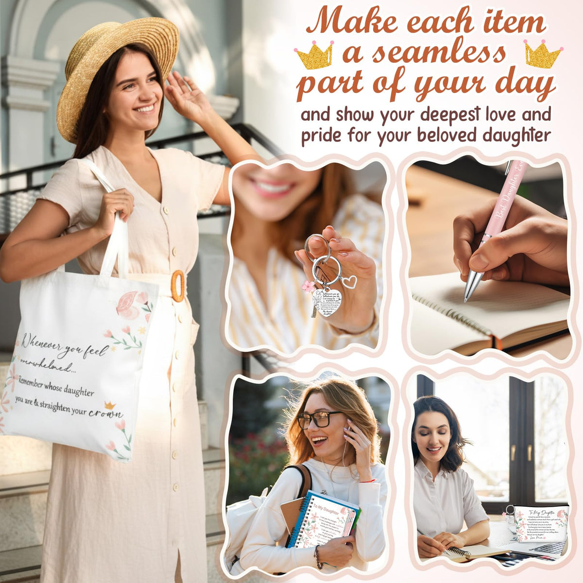 Gaillty 5 Pcs Gifts for Women, Inspirational to My Daughter Mothers Day Gift with Tote Bag, Makeup Bag, Notebook, Ballpoint Pen & Keychain Congratulations Graduation Wedding Gift from Mom Dad