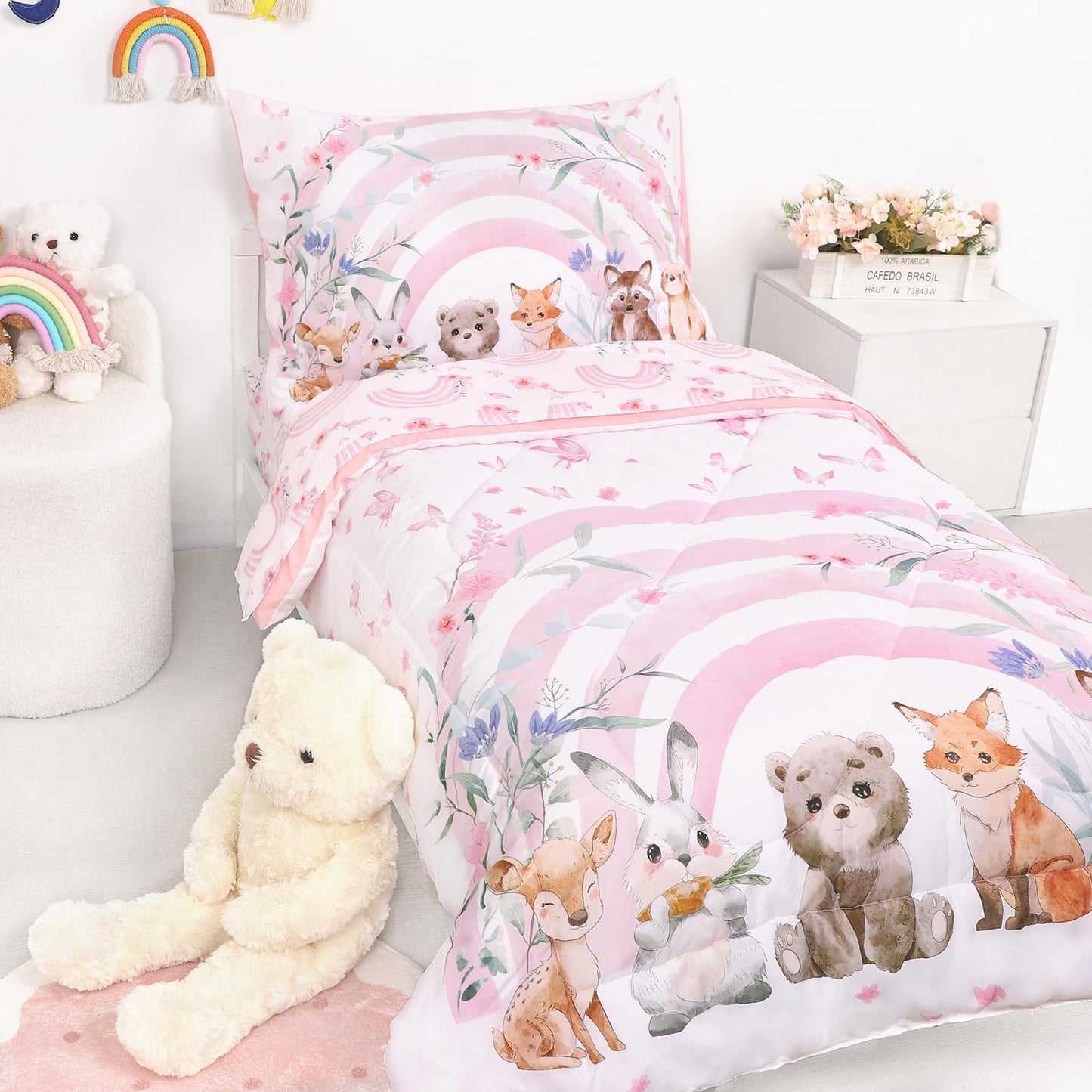 Hooyax Toddler Bedding Set for Girls - 4 Piece Rainbow Toddler Comforter Set Includes Fitted Sheet, Comforter, Pillowcase & Flat Sheet - Soft Comfort Microfiber for All Seasons