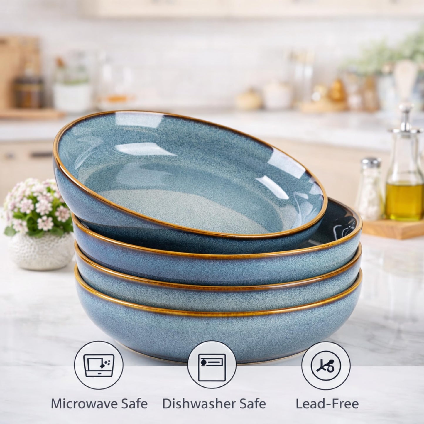 GBhome 8.75'' Large Ceramic Pasta Bowls, 38oz Stoneware Pasta Serving Bowls Set of 4 for Kitchen, Wide Bowls for Fruit,Pasta,Salad,Oatmeal,Meal, Microwave Safe, Reactive Glaze-Space Blue