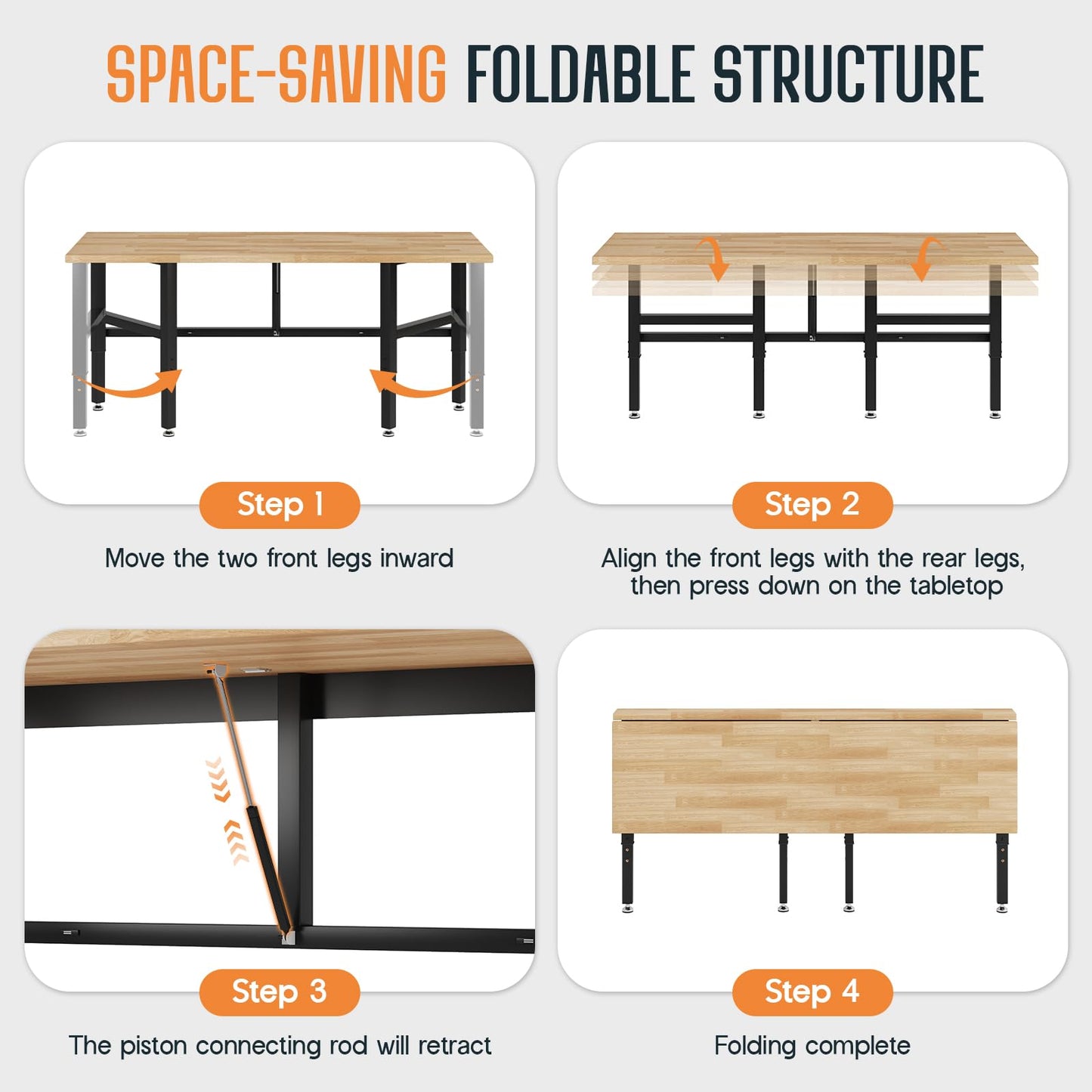 SPECRAFT 72x24 Folding Workbench with Wall-Mounted Tool Rack, Adjustable Foldable Workbench with Power Outlets & Hooks, 2330 LBS Capacity, 30.7"-40" Height for Garage, Workshop, Office