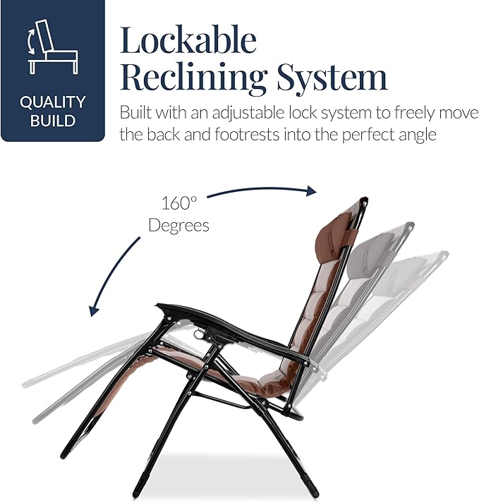 Best Choice Products Oversized Padded Zero Gravity Chair, Folding Outdoor Patio Recliner, XL Anti Gravity Lounger for Backyard w/Headrest, Cup Holder, Side Tray, Polyester Mesh - Brown/Oyster