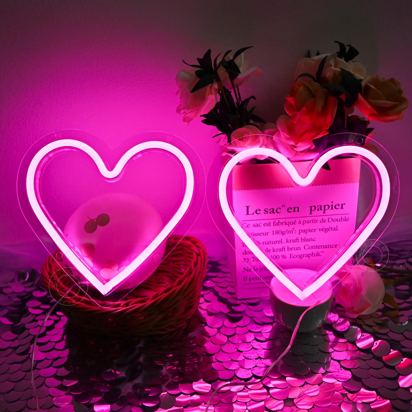 SYLHOME 2 Pack Heart Pink Led Neon Light Sign Battery Operated or USB Powered Bedroom Wedding Wall Sign Decor Valentines Day Birthday Christmas Gifts USB 7.87" X 7.28"