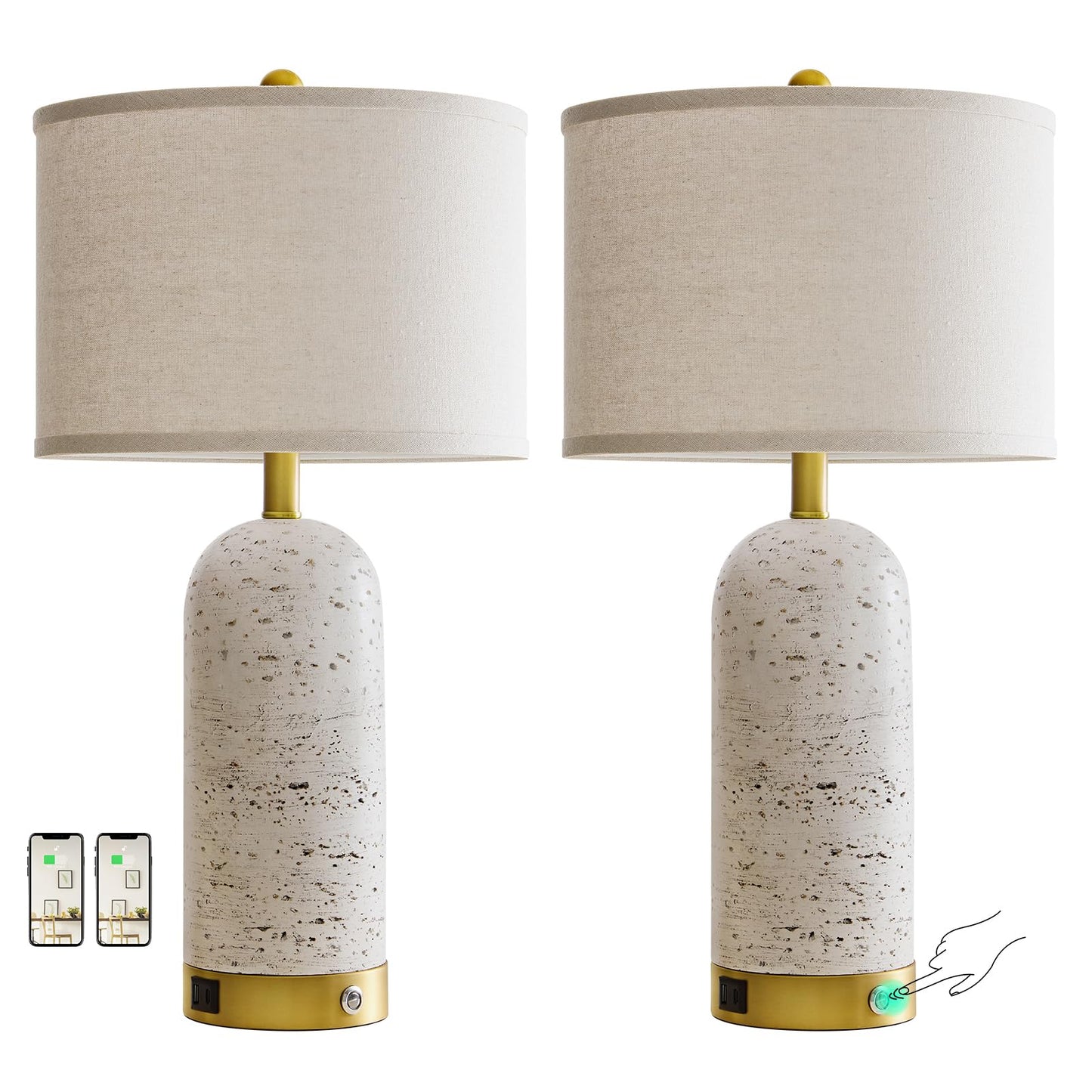 RORIA 25" Set of 2 Touch Rustic Table Lamps for Living Room, Resin Stone Travertine Nightstand Modern Lamps with 3-Way Dimmable and USB A+C Ports for Bedroom Entryway, 2 LED Bulbs Included