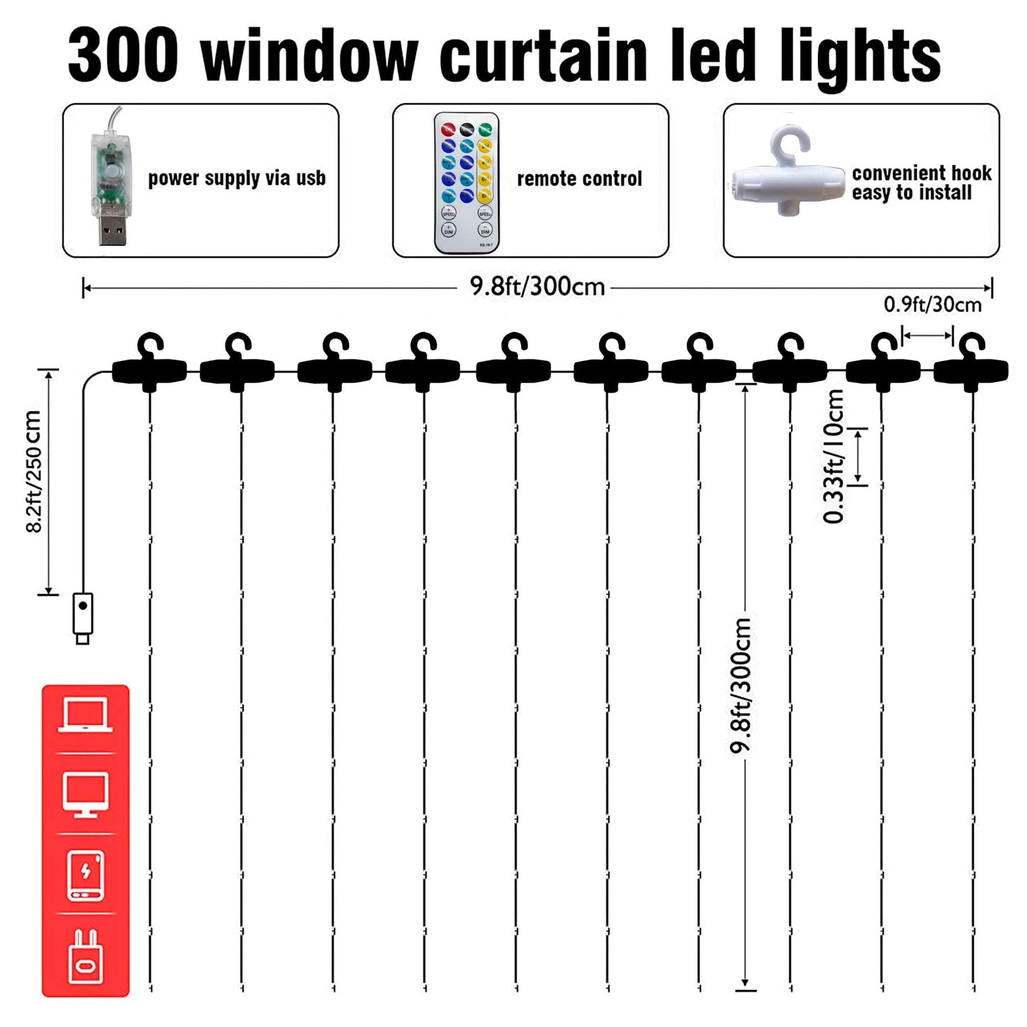 Dazzle Bright Curtain String Lights, 300 LED 9.8ft x 9.8ft 8 Lighting Modes Fairy Lights USB Powered, Waterproof Lights for Halloween Christmas Party Wedding Outdoor Indoor Wall Decorations (Purple)
