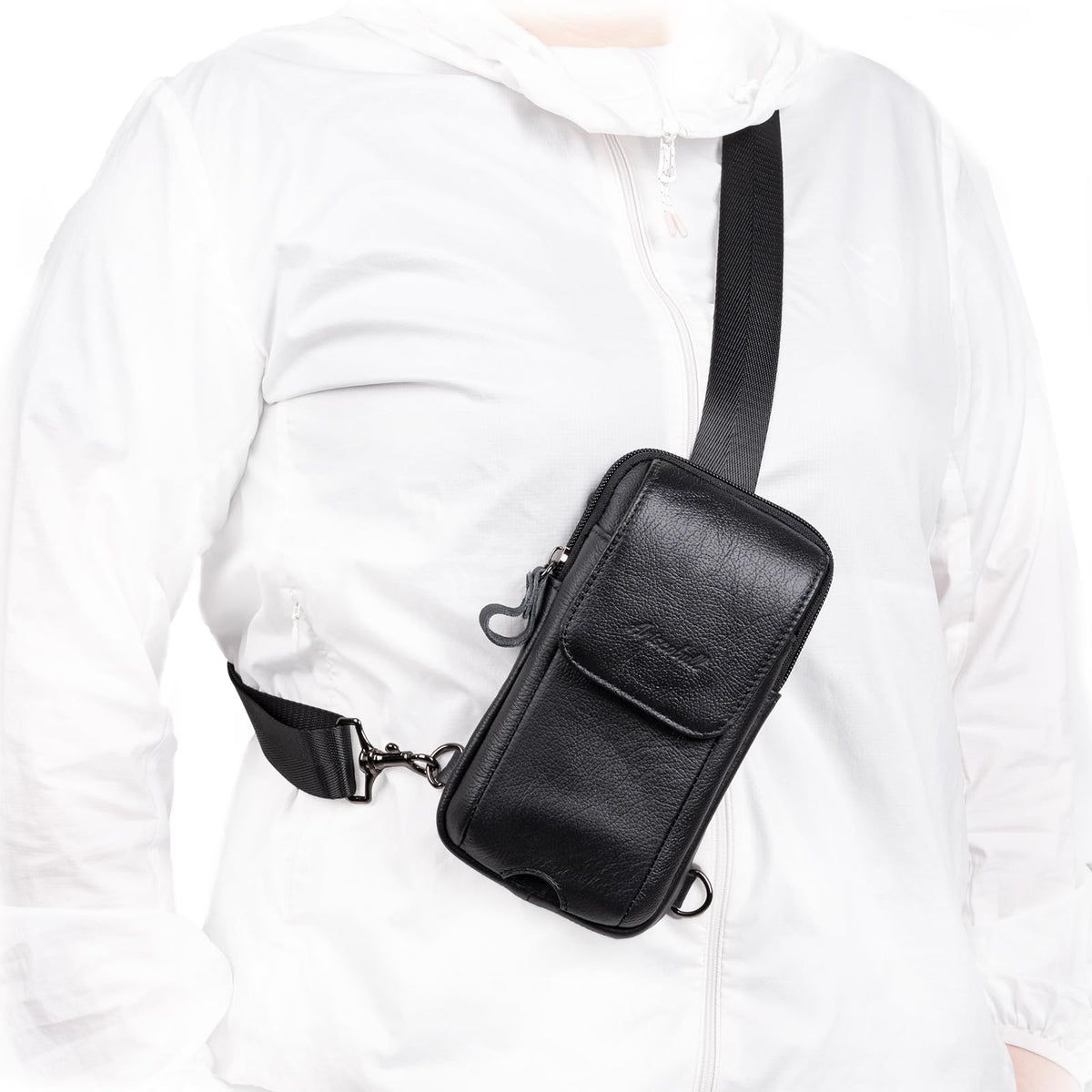 Ariscobull - Small Crossbody Bag for Men Women - Genuine Leather Mini Sling Bag with Charging Port - Travel Hiking Phone Daypack Cross Body Shoulder Bags (Black)
