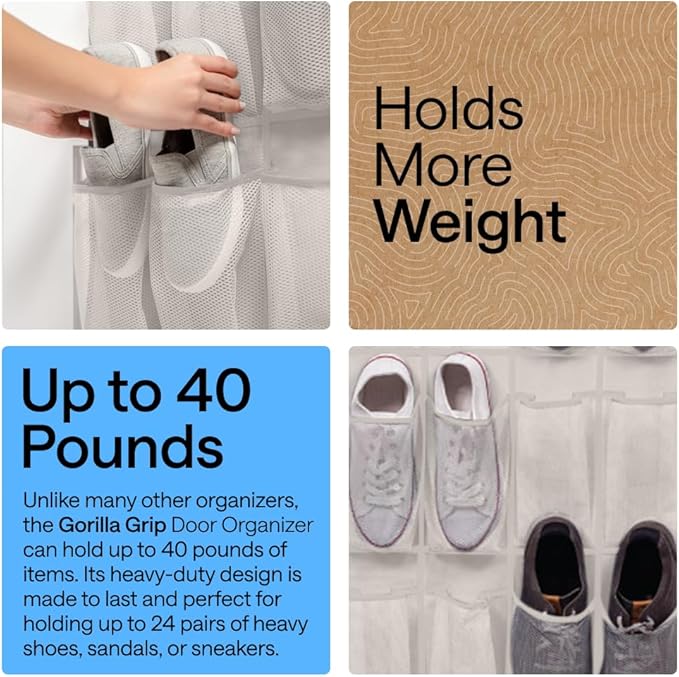 GORILLA GRIP Over the Door Shoe Organizer, 24 Large Breathable Mesh Pockets