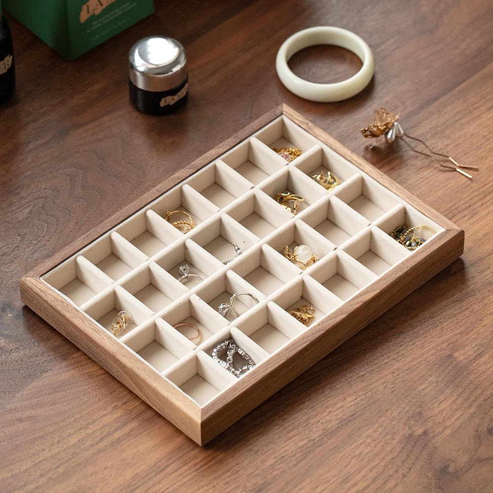 MIGAKU HOME 28-Grid Black Walnut Wooden Jewelry Tray with Velvet Lining, Premium Jewelry Display Tray for Earrings and Rings, Drawer Organizer Display Tray for Women's Jewelry Collection
