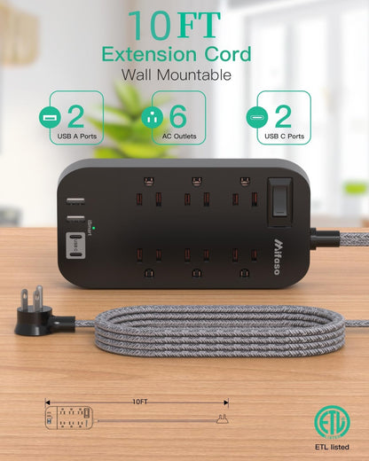 Power Strip - 10 FT Long Flat Plug Extension Cord, 6 Outlets 2 USB A 2 USB C Ports Outlet Extender with Overload Protection, Wall Mount, Desktop Charging Station for Home, Office and Dorm Essential