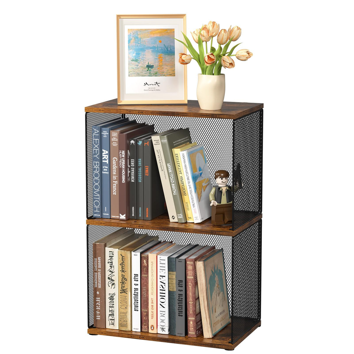 Dmevkic Small Bookshelf 2 Tiers Bookshelf for Small Spaces DIY Variable Stackable Cube Storage Organizer for Kid Bedroom,Living Room, Black Brown Wooden,2 Tiers Non-Detachable