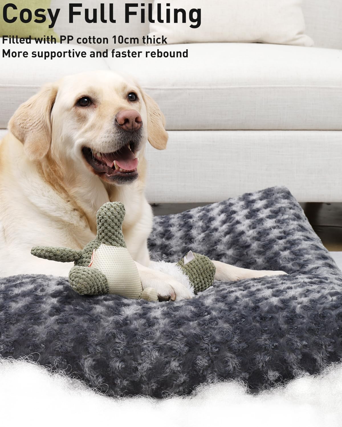KSIIA Large Dog Bed Washable, Calming Crate Mattress with Non Skid Bottom, Fluffy Anti Anxiety Dog Beds, Pet Pillow Cushion, Dark Grey, 90x60x8cm