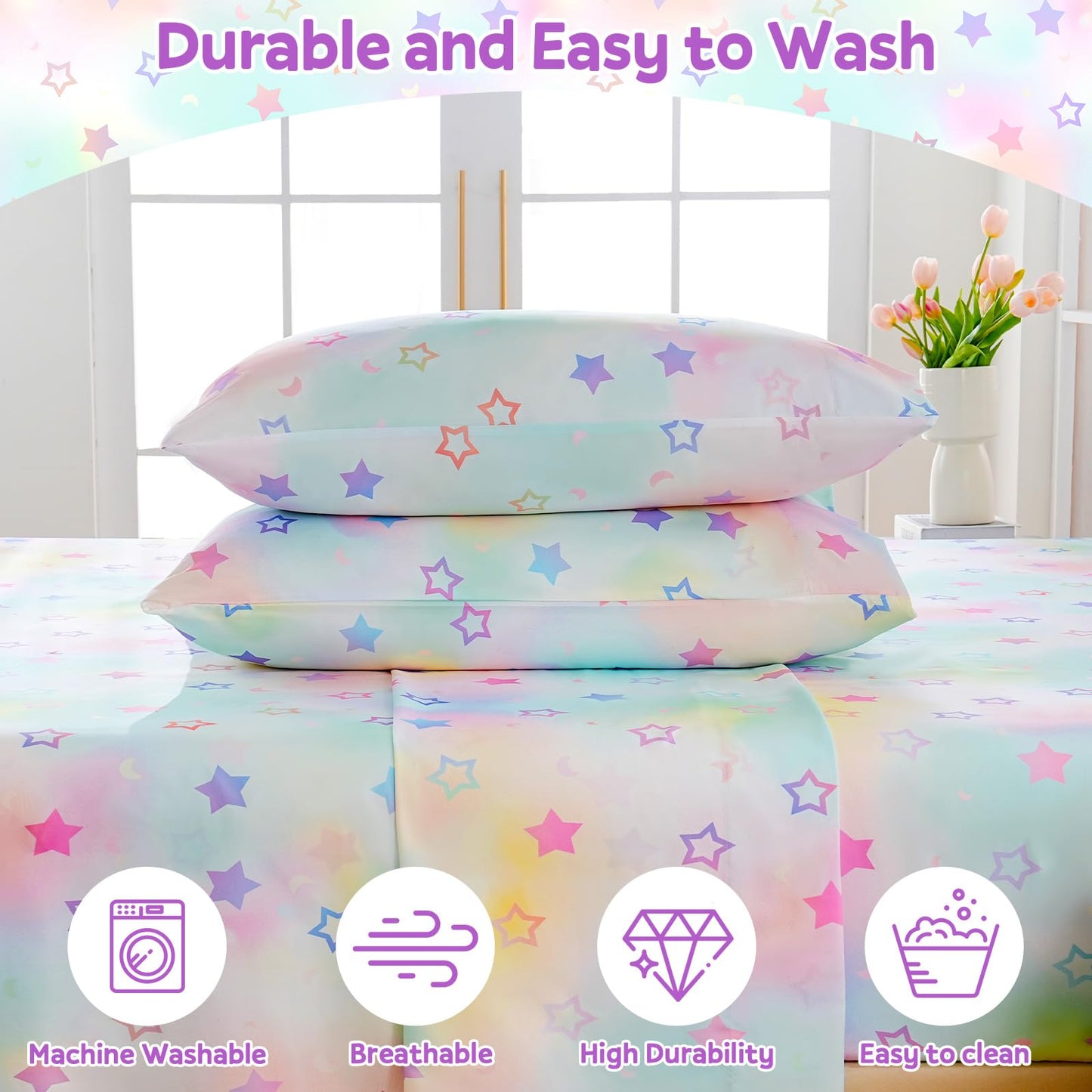 ChicView Full Sheet Set Kids,4 Pieces Breathable Soft Microfiber Bedsheets for Child Boys Girls, Anti Pilling Deep Pockets Easy Care Bed Sheets, Stars