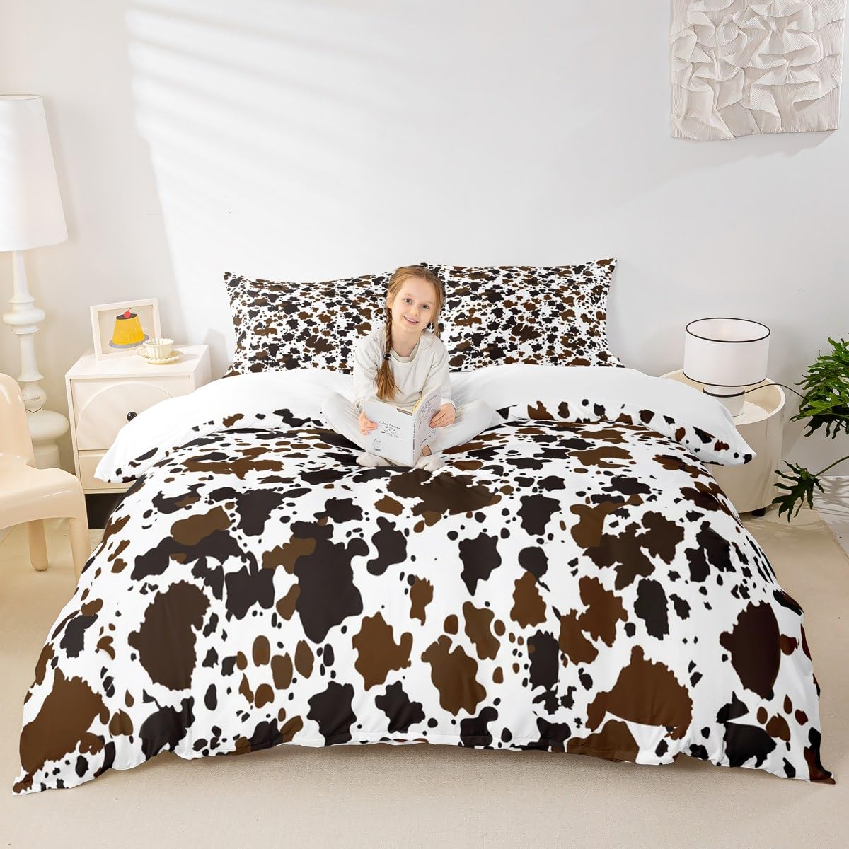 Homewish Cow Print Duvet Cover Set King Size Brown and White Cow Fur Bedding Set 3pcs for Kids Boys Teens Room Decor, Farm Animal Print Comforter Cover Cowhide Bedspread with 2 Pillowcases