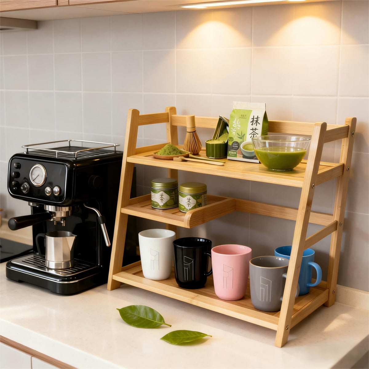 Lnncdsc Bamboo Matcha Station Organizer - Large Capacity 3-Tier Shelf, Easy to Install for Matcha and Coffee Bar Accessories, Perfect for Tea and Coffee Enthusiasts.(wood, large)