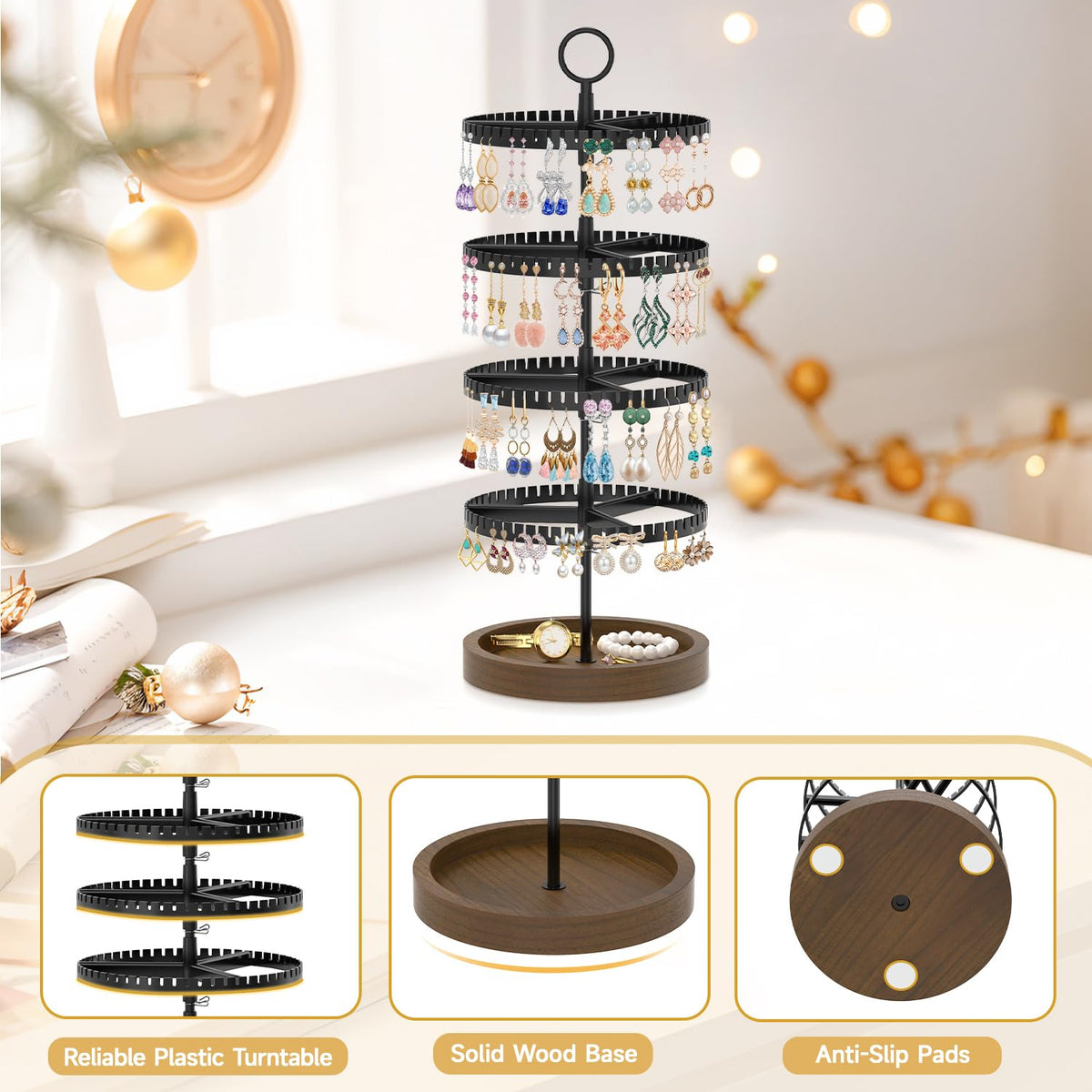 MODOWEY 4 Tier Rotating Earring Holder Organizer Display Tree with Wooden Tray, Adjustable Plastic Stand with 228 Slots for Stud Hoop Hanger, Large Capacity Storage Rack for Women Space Saving, Black