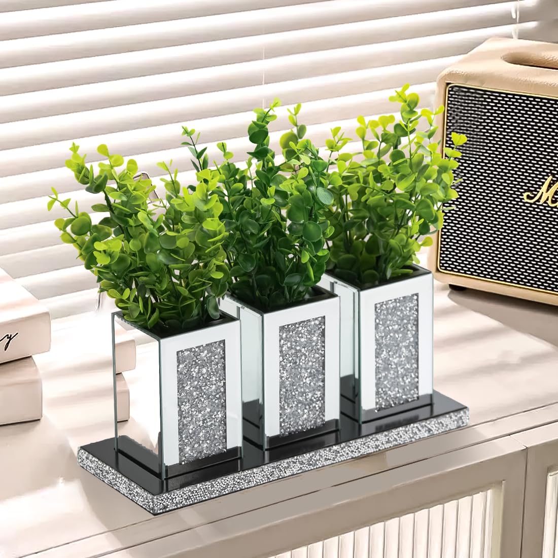 Pibeyer Crystal Crush Diamond Jar Table Centerpiece Decorations for Dining Room, Coffee Table Decor Wooden Tray with 3 Mirrored Jars Artificial Plants for Kitchen, Living Room, Home Décor