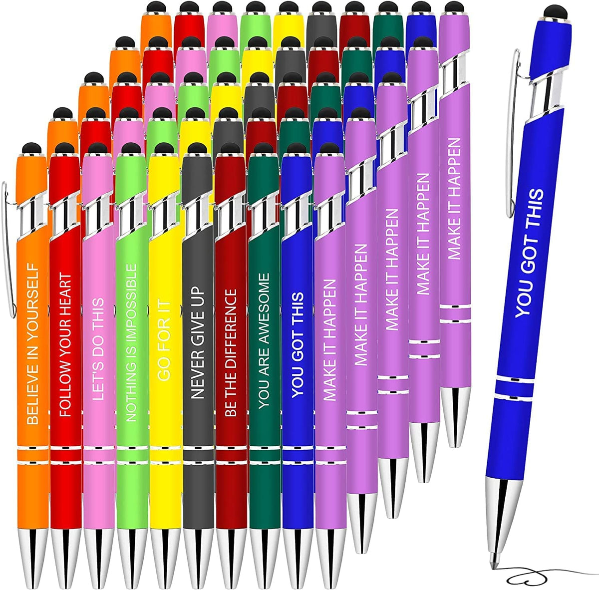 Greengines 50 Pieces Inspirational Pens, Motivational Ballpoint Pen with Stylus Tip Funny Ink Pens Bulk Inspirational Gifts for Women Coworkers Office Supplies Black Ink