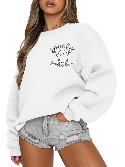 LOTUCY Halloween Sweatshirt Women Cute Spooky Season Sweatshirts Ghost Fall Embroidered Sweater Pullover Top White