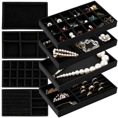 Homaisson Jewelry Drawer Organizer, Velvet Jewelry Tray, Multiple Compartment Layout, Set of 4 Jewelry Organizer for Rings, Earrings, Bracelets, Necklaces (Black)